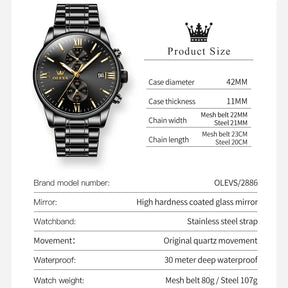 OLEVS 2886 Quartz Waterproof Men Wristwatch, Stainless Steel Strap High quality Exquisite Sport Watch For Men Luminous Calendar