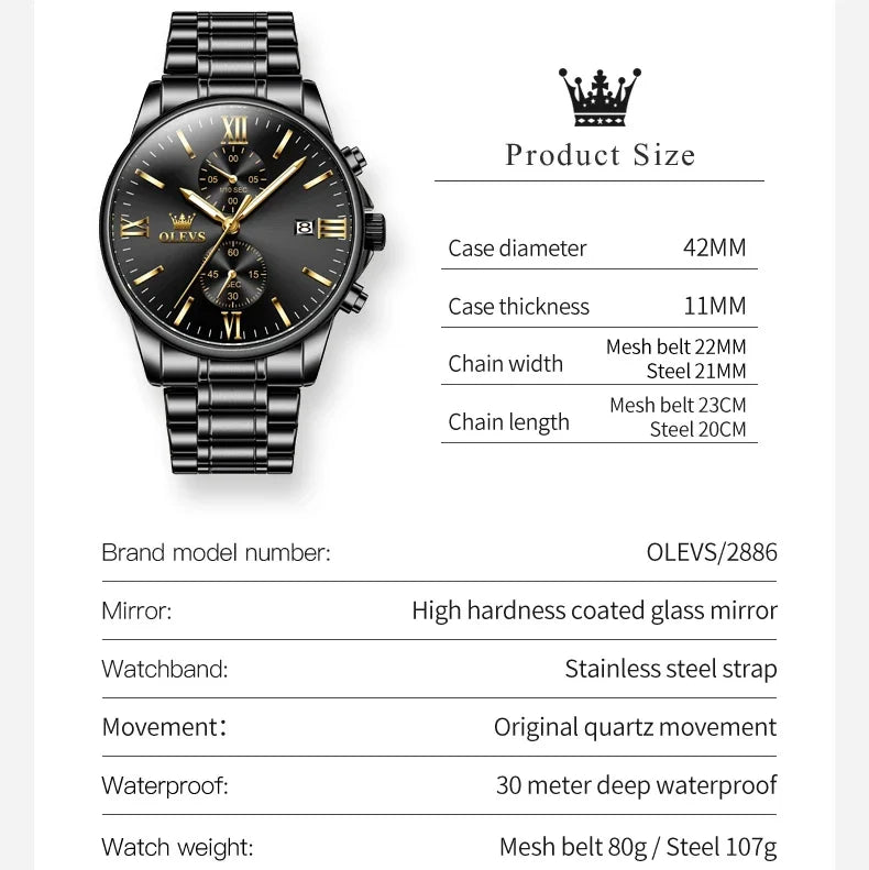 OLEVS 2886 Quartz Waterproof Men Wristwatch, Stainless Steel Strap High quality Exquisite Sport Watch For Men Luminous Calendar